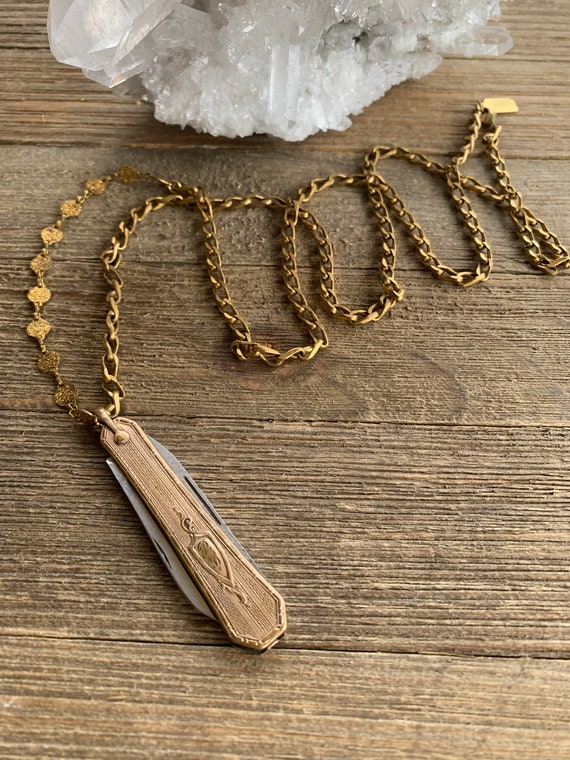 Vintage Pocket Knife Necklace Brass Sparkle Chain for Women