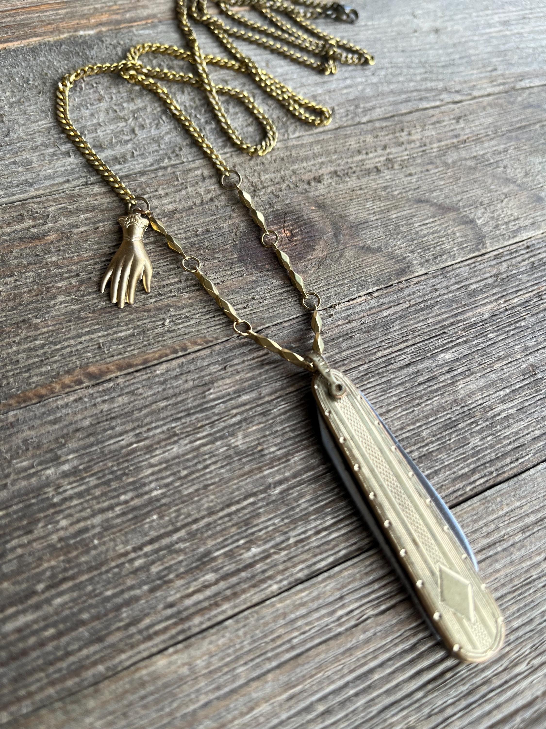 Vintage Pocket Knife Necklace - Raw Brass Victorian Charm - Ladies Antique Gold Folding Blade - Unique Gifts for Her - Handmade Jewelry