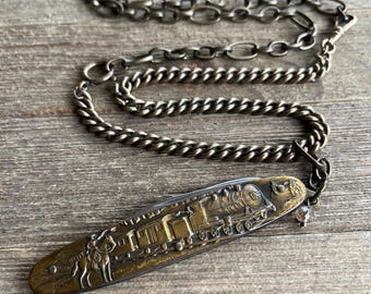 Western Pocket Knife Necklace - Antique Brass Watch Fob Chain - Women’s Vintage Jewelry - Gifts for Her - Unique Statement Necklace