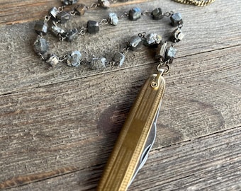 Vintage Gold Pocket Knife Necklace - Natural Pyrite Crystals - Edgy Handmade Jewelry for Women - Gifts for Her - Unique Statement Necklace
