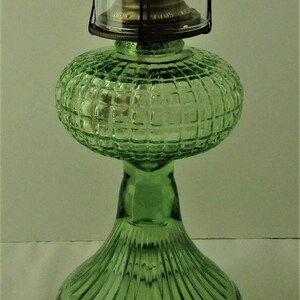 Antique Vaseline Quilted Block Green Oil Lamp With Shade Etsy