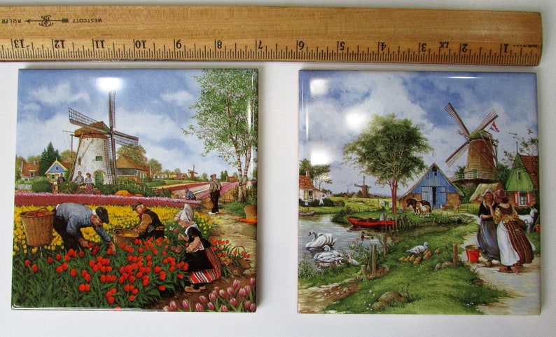 Beautiful Vintage Color Windmills Made Holland 6 Tiles
