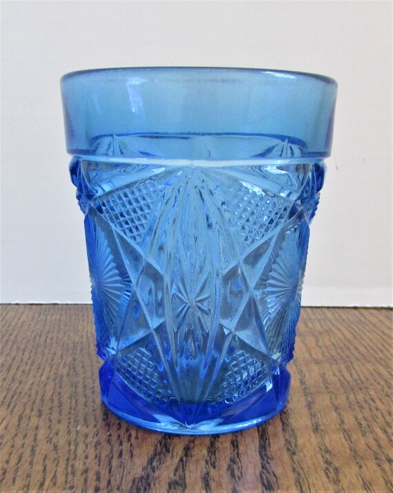 Vintage Blue Glass Tumbler With Cut Star Pattern Etsy