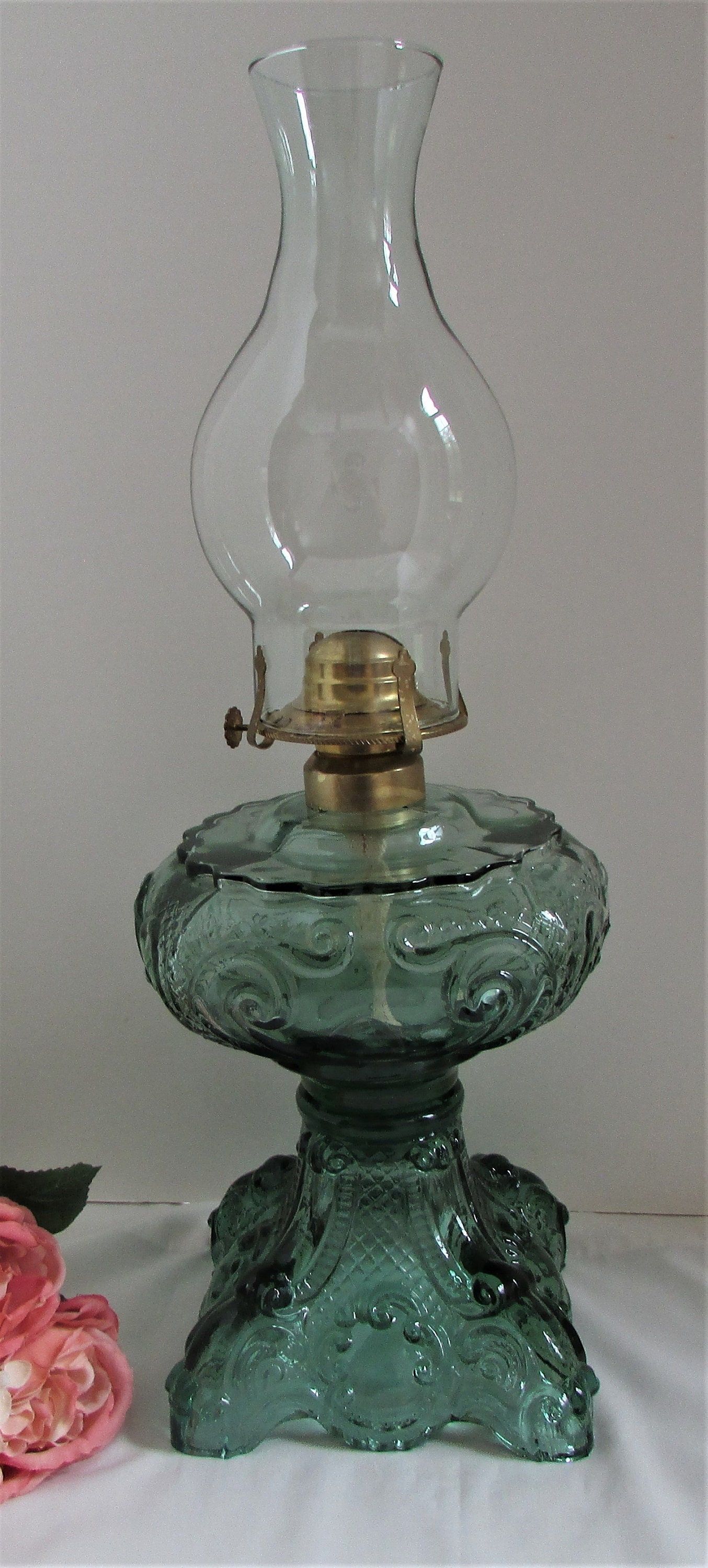 Vintage Hurricane Kerosene Oil Lamp Black White Rose Chimney Farmhouse