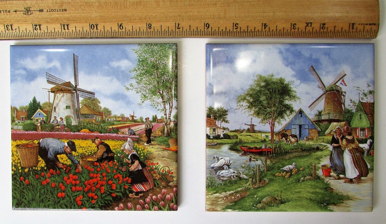 Beautiful Vintage Color Windmills Made Holland 6 Tiles