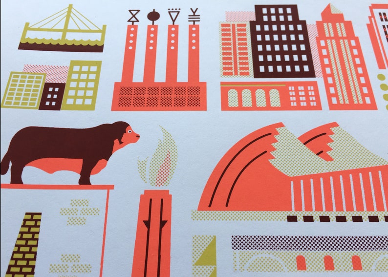 KC Landmark Screen print Neon Red and Old Gold Edition Etsy