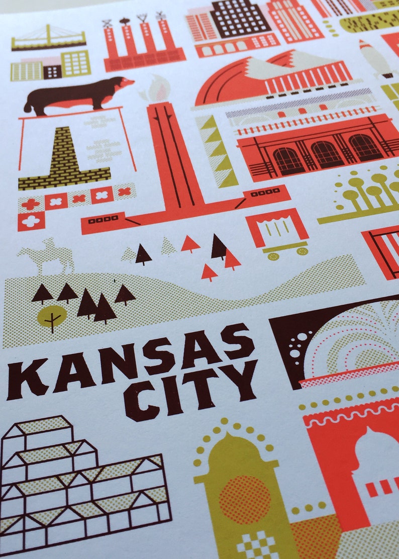 KC Landmark Screen print Neon Red and Old Gold Edition Etsy