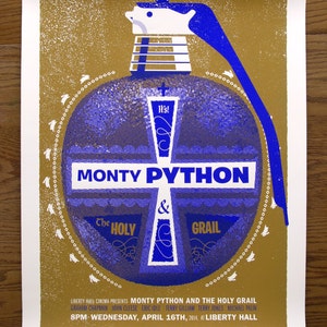 May include: A blue and white poster advertising a screening of Monty Python and the Holy Grail at Liberty Hall on Wednesday, 16th April 2014. The poster features a stylised image of the film's iconic rabbit and a cross with the words "Monty Python" and "The Holy Grail".