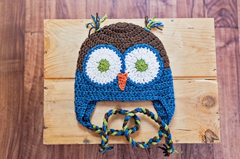 Birthday Gift Crochet Fall Colored Owl hats Beanie with Ear Flaps Photography Prop Boy or Girl
