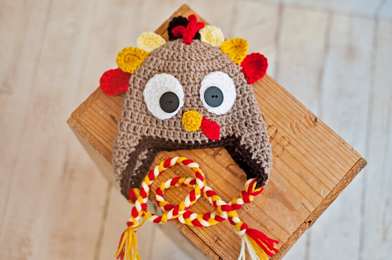 Crochet Turkey hat Beanie with Ear Flaps Thanksgiving Holiday Photography Prop