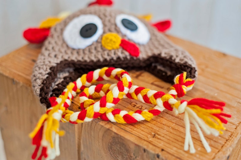 Crochet Turkey hat Beanie with Ear Flaps Thanksgiving Holiday Photography Prop