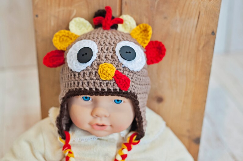 Crochet Turkey hat Beanie with Ear Flaps Thanksgiving Holiday Photography Prop