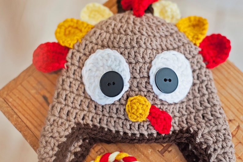 Crochet Turkey hat Beanie with Ear Flaps Thanksgiving Holiday Photography Prop