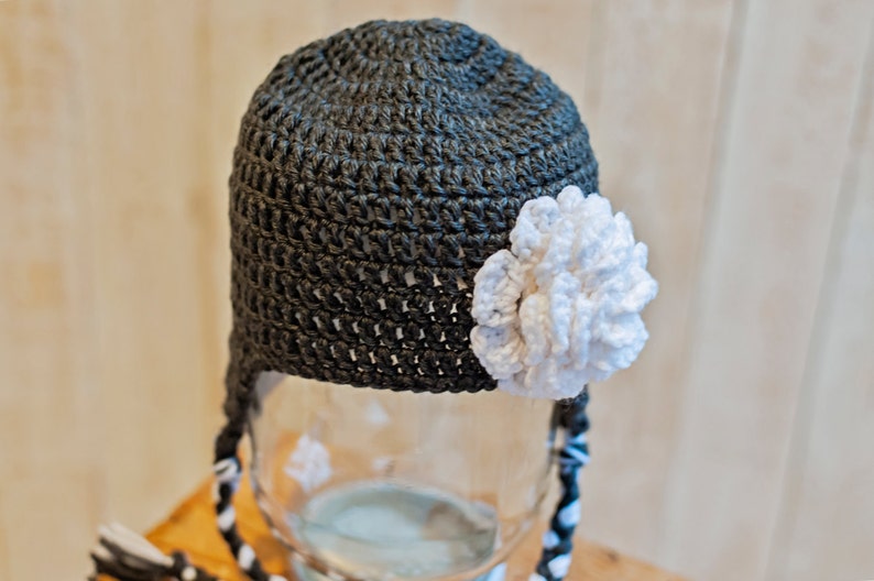 Flower Decal Crochet Beanie with Ear Flaps Little Girl Birthday
