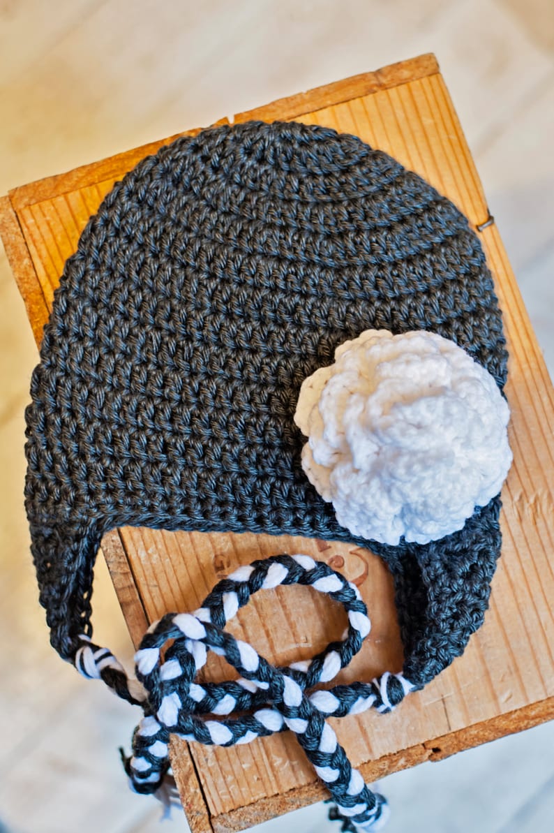Flower Decal Crochet Beanie with Ear Flaps Little Girl Birthday