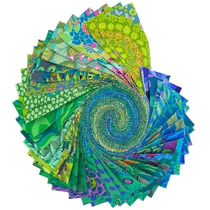 May include: A spiral of fabric squares in shades of green and blue. The fabric pieces feature floral and abstract designs. The colour palette varies from light lime to deep teal, creating a visually dynamic display. Suitable for quilting and craft projects. Each square is approximately 10 cm.