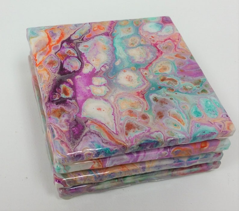 Coasters in Turquoise /& Purple and Orange Acrylic Pour Handmade Ceramic Coasters