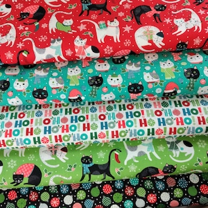 Christmas Cats Santa Paws From Northcott, 100% Quilters Cotton by the Yard, Minimum 2 Yard Purchase, Mix & Match to Reach Minimum