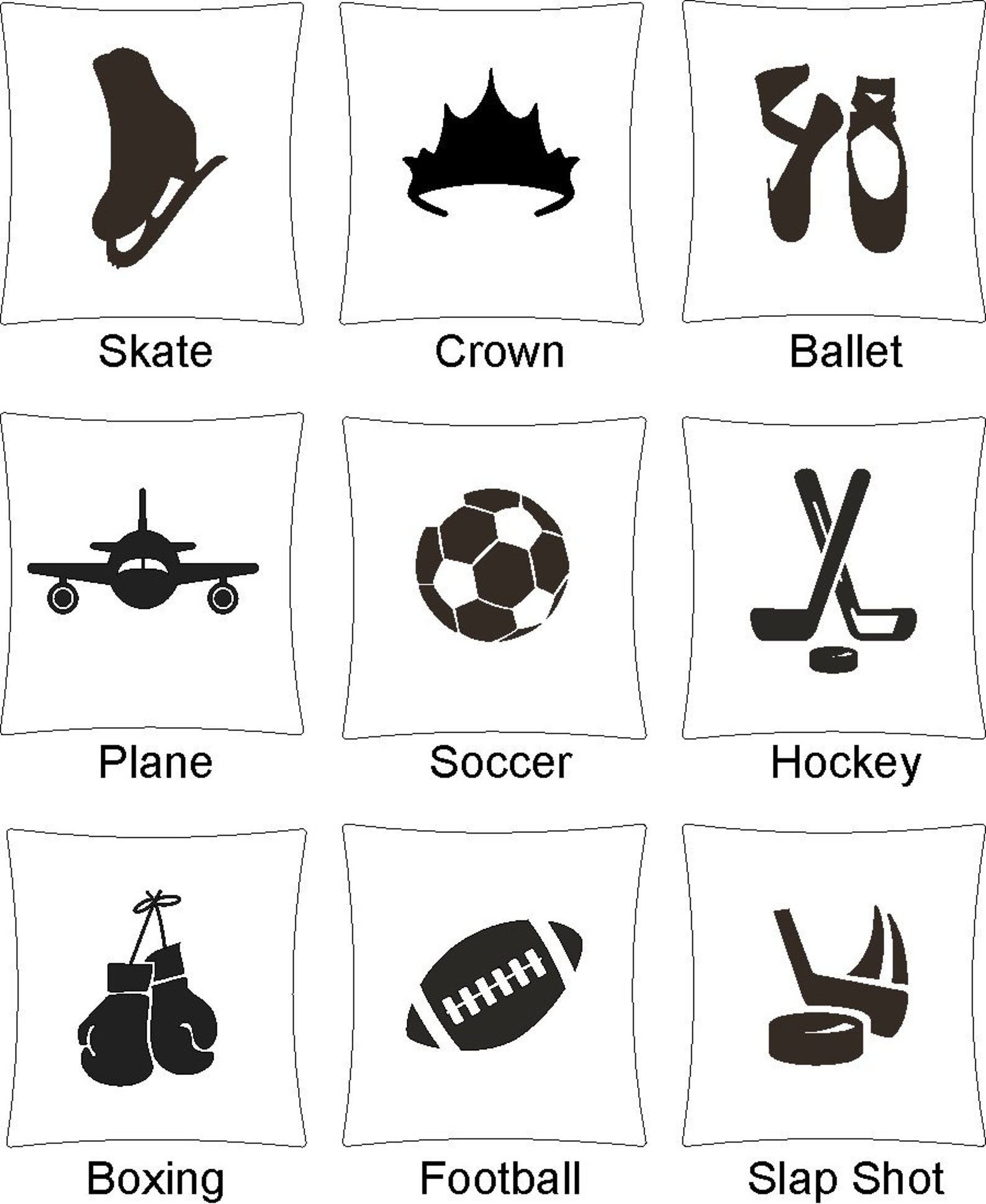 custom cushion cover with hand cut icon - hockey, boxing, soccer, football, skating, ballet and princess