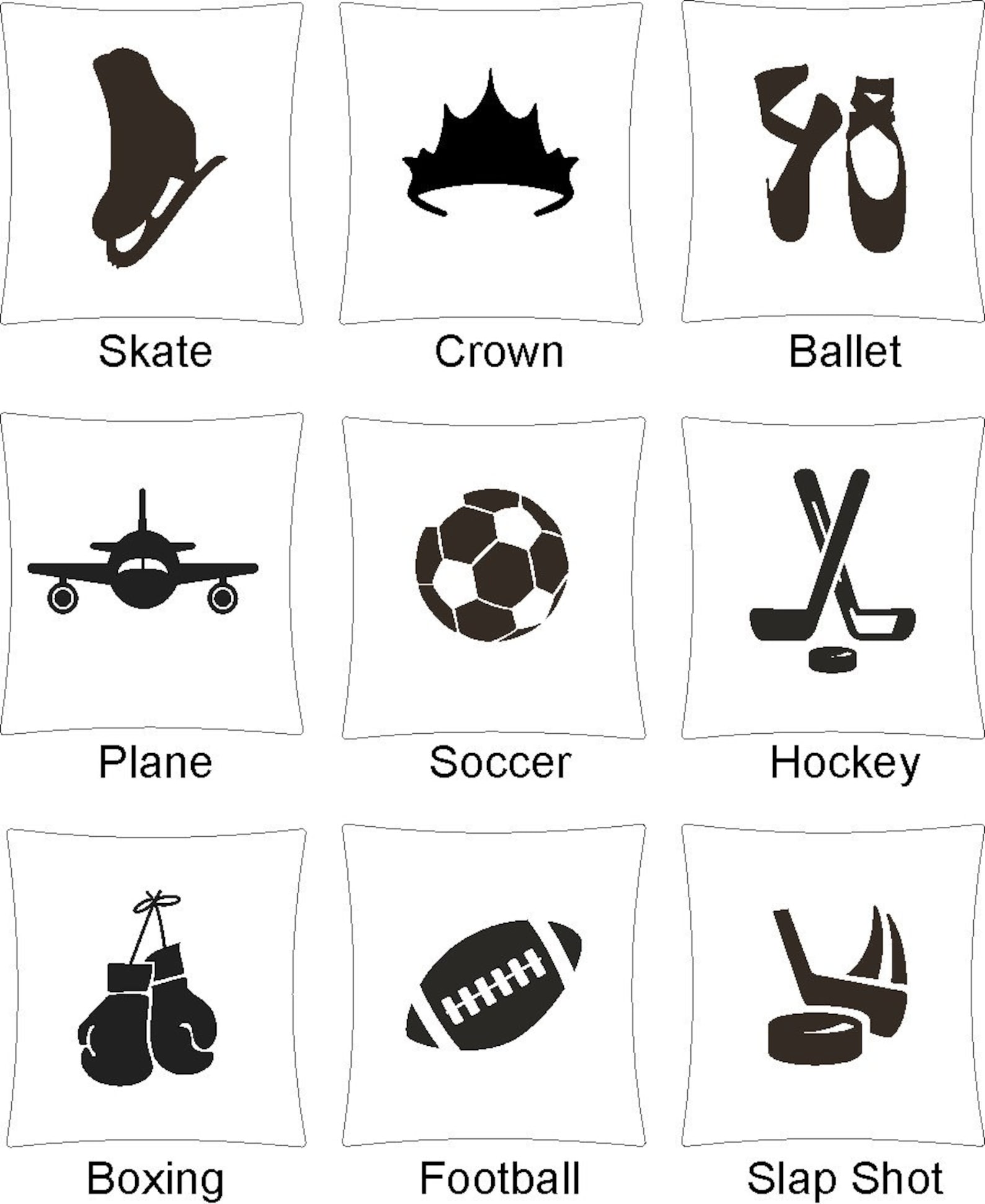 custom cushion cover with hand cut icon - hockey, boxing, soccer, football, skating, ballet and princess