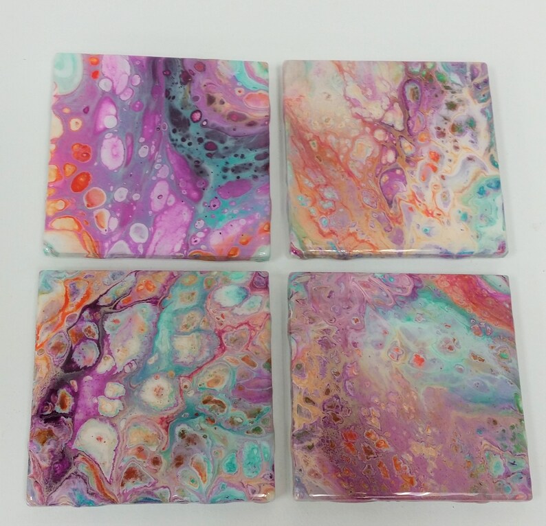 Coasters in Turquoise /& Purple and Orange Acrylic Pour Handmade Ceramic Coasters