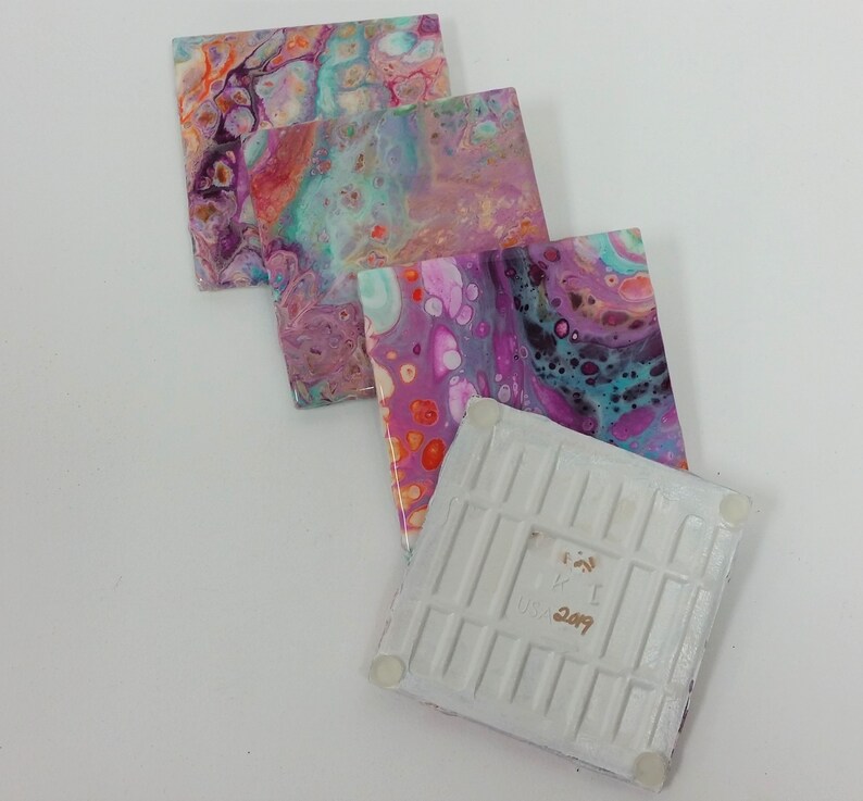 Coasters in Turquoise /& Purple and Orange Acrylic Pour Handmade Ceramic Coasters