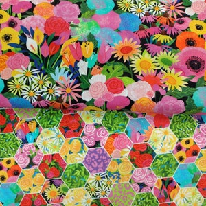 May include: A colorful fabric with a floral pattern. The fabric features a variety of flowers in shades of pink, red, yellow, blue, and green. The flowers are arranged in a random pattern on a black background. The fabric is perfect for quilting, sewing, and crafting.