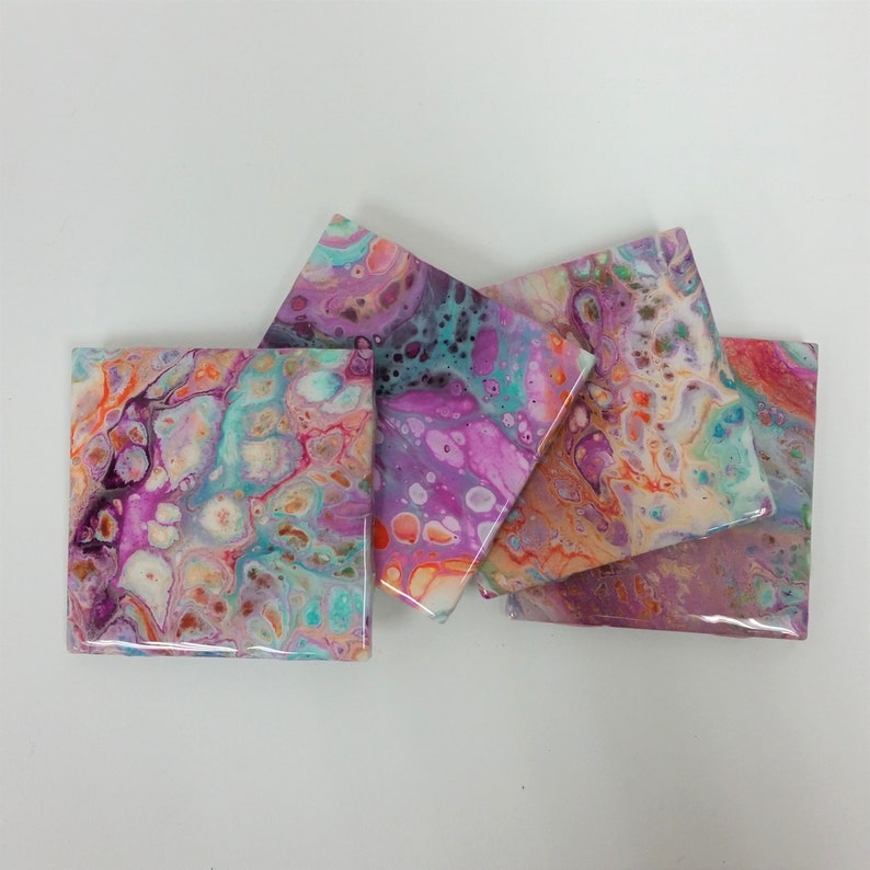 Coasters in Turquoise /& Purple and Orange Acrylic Pour Handmade Ceramic Coasters