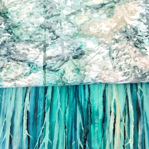 May include: A watercolor painting of a forest scene with a light blue and white color scheme. The top layer of the painting shows a forest with trees and branches. The bottom layer shows a forest with a more abstract design.