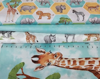 Baby Safari de Northcott, 100% Quilters algodón cortado a medida, compra mínima de 2 yardas, 4 telas a juego, incluyendo tabla de crecimiento y baberos