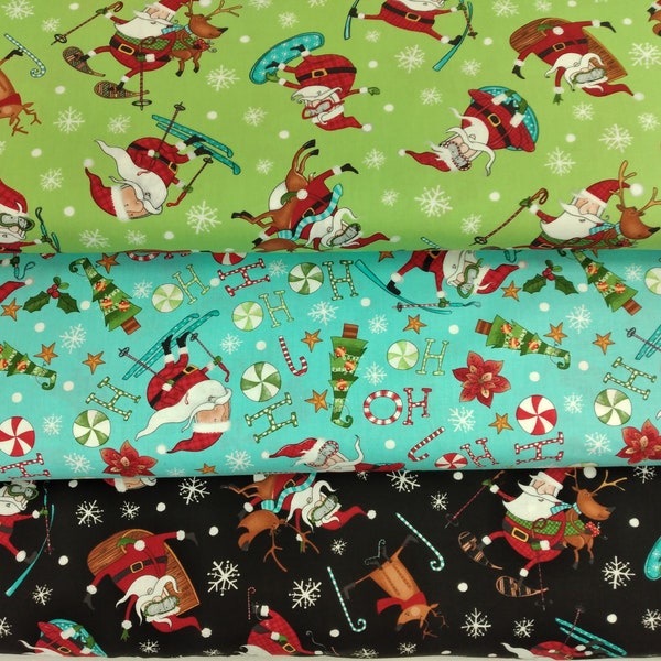 Extreme Santa from Northcott, 100% Quilters Cotton by the Yard, Minimum 2 Yard Purchase, 3 Coordinating fabrics