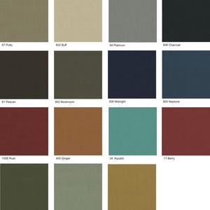 May include: Swatch card displaying 15 fabric colours. The colours are: Putty, Buff, Platinum, Charcoal, Peacan, Mushroom, Midnight, Neptune, Rust, Ginger, Aquatic, Berry, Alpine, Sage, and Maise.