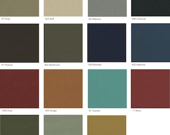 May include: Swatch card with 15 different fabric colors. The colors are: Putty, Buff, Platinum, Charcoal, Peacan, Mushroom, Midnight, Neptune, Rust, Ginger, Aquatic, Berry, Alpine, Sage, and Maise.