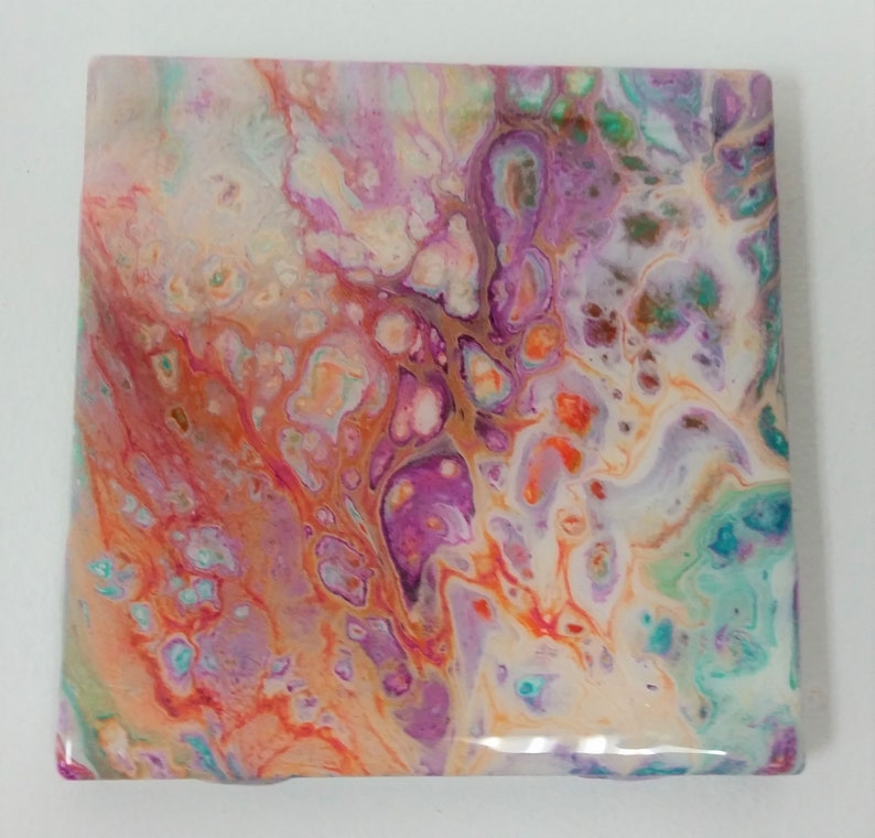 Coasters in Turquoise /& Purple and Orange Acrylic Pour Handmade Ceramic Coasters