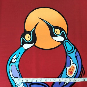 May include: Two stylized blue and purple birds with orange eyes and black outlines are facing each other around a large orange circle on a red background.
