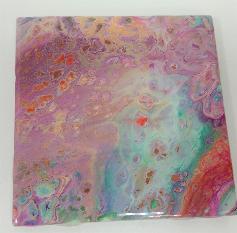 Coasters in Turquoise /& Purple and Orange Acrylic Pour Handmade Ceramic Coasters