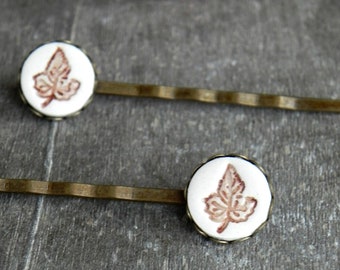 Leaf Bobby Pins, Set of 2  Porcelain Hairpins, Hair Accessories Ceramic, Bridesmaid Gifts, 12 mm Porcelain Bead, Handmade
