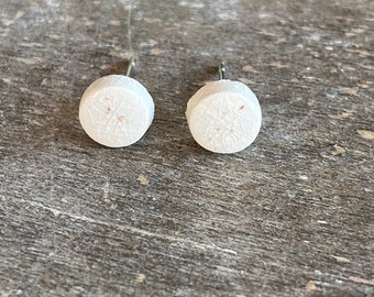 Ceramic Earrings, Tiny Cream Color Round Studs with Red Dots, Small Porcelain Studs, Light Weight Pottery Posts