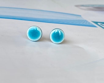 Tiny Aqua Blue Ceramic Earrings, Turquoise Stud Earrings, Stainless Steel Post, Caribbean Blue Shiny Modern Pottery Jewelry