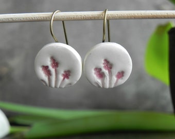 Porcelain Pink Flower Earrings, Floral Dangle Earrings, Round Ceramic Romantic Every Day jewelry