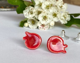 Red Pomegranate Porcelain Stud Earrings, Handmade Ceramic Jewelry,  Fruit Post Earrings