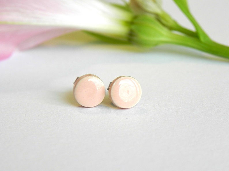 Peach Ceramic Post Earrings Tiny Round Pottery Studs Minimalist Fashion Jewelry image 2