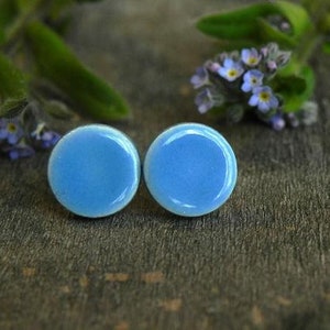 Tiny Bluebonnet Porcelain Stud Earrings, Minimalist Ceramic Circle, Blue Color Surgical Steel Post Earrings, Round EverydayJewelry image 2