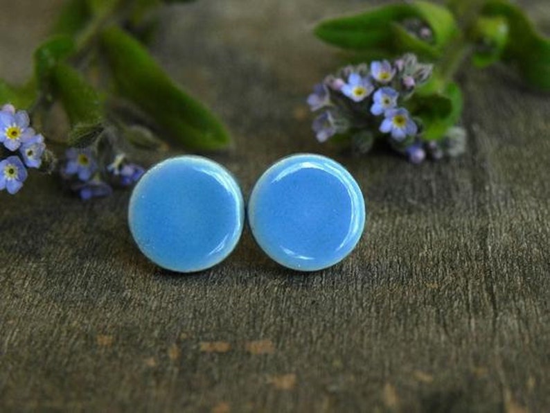 Tiny Bluebonnet Porcelain Stud Earrings, Minimalist Ceramic Circle, Blue Color Surgical Steel Post Earrings, Round EverydayJewelry image 2