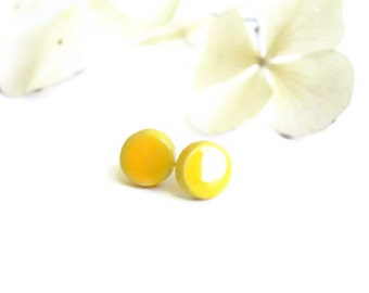 Yellow Post Earrings, Porcelain Round Studs, Minimalist Geometric Hypoallergenic Modern Jewelry