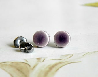 Grape Ceramic Tiny Geometric Earrings Studs, Purple Round Pottery, Unisex Lightweight  Jewelry