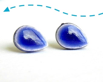 Ceramic Stud Earrings, Royal Blue Teardrop Porcelain Post Earrings, Rain Drops Blue Pottery Jewelry