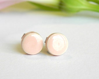 Peach Ceramic Post Earrings Tiny Round Pottery Studs Minimalist Fashion Jewelry
