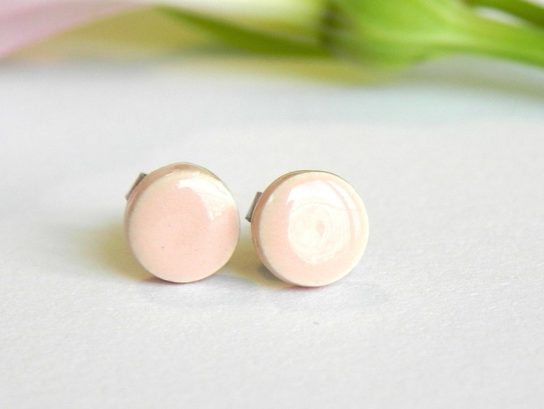 Peach Ceramic Post Earrings Tiny Round Pottery Studs Minimalist Fashion Jewelry image 1