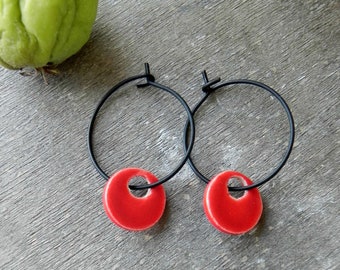 Red Geometric Earrings, Ceramic Circle Earrings Hoop, Black Wire Hoop, Minimalist Ceramic Jewelry